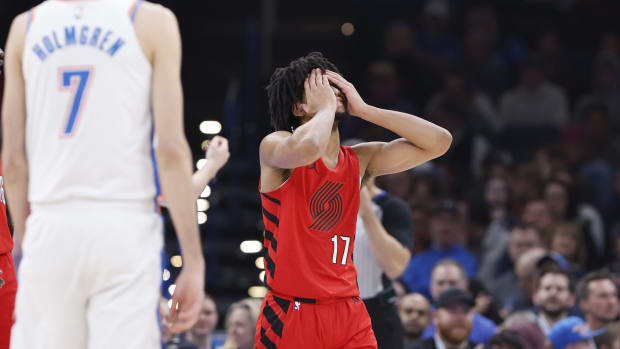 Jan 11, 2024; Oklahoma City, Oklahoma, USA; Portland Trail Blazers guard Shaedon Sharpe (17) reacts after a play against the Oklahoma City Thunder during the second quarter at Paycom Center.
